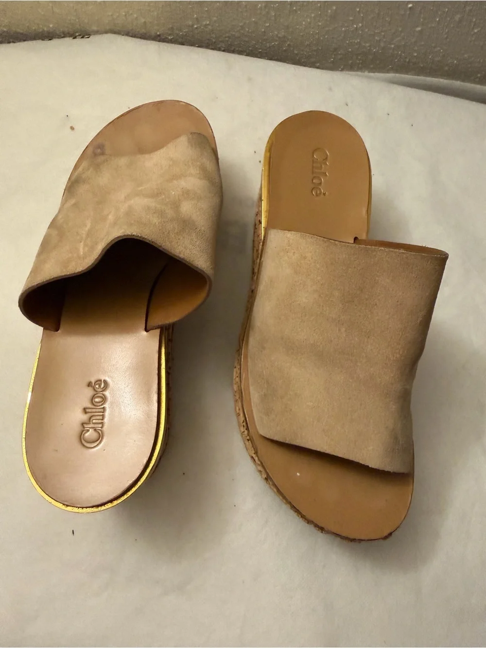 Chloé Taupe Suede Espadrille Slide Sandals, pre-owned, SZ7, gently used